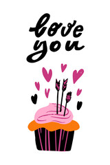 A vibrant cupcake with pink frosting topped by arrows and hearts. The playful design features the words 'Love You,' making it perfect for celebrations or romantic gestures.