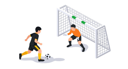 Isometric soccer scene with forward and goalkeeper in action