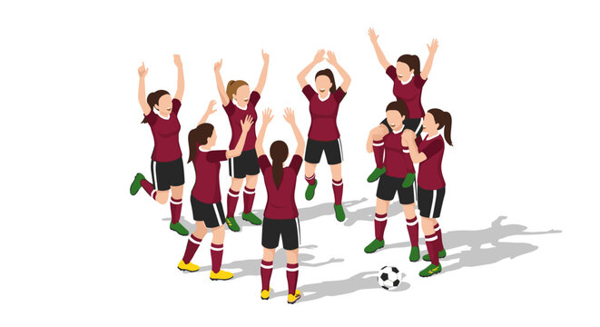 Women's soccer team celebrating victory in isometric style - Powered by Adobe