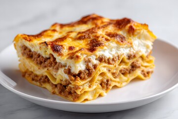 Perfectly cut lasagna served on a clean white plate