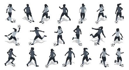 Silhouette of women playing soccer in various action poses