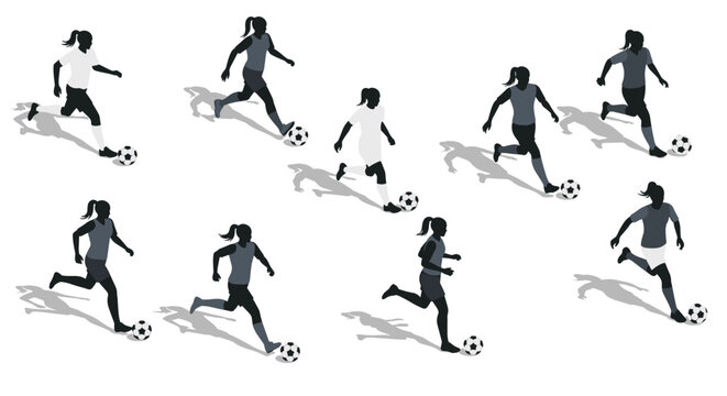 Dynamic women soccer players in motion silhouette art on white background