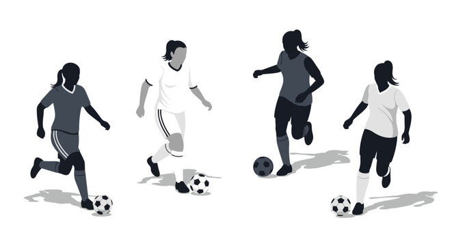 Dynamic female soccer players silhouette with football