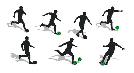 Obraz premium Dynamic silhouette soccer players with green balls in various action poses