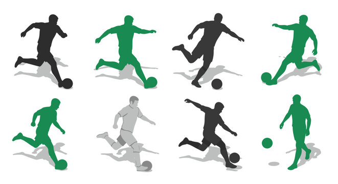 Dynamic silhouette athletes kicking soccer ball in modern flat style