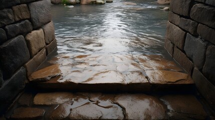 Wet ancient stone steps descend into a flowing stream framed by rustic stone walls evoking a serene natural landscape