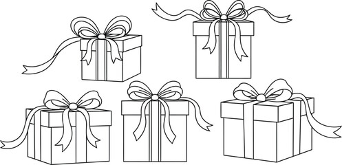 Five simple gift boxes with ribbons arranged on a white background design