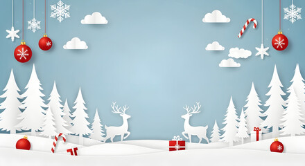 Whimsical winter wonderland christmas scene with paper cutout decorations and snow covered trees