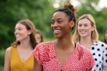 A diverse group of friends is walking together outdoors, showcasing happiness and connection