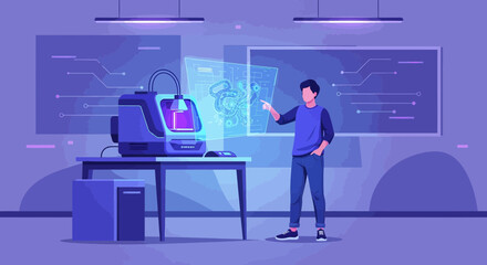 Illustration of a man using a 3D printer with hologram technology in a lab setup