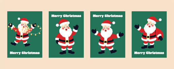Set of Christmas and New Year greeting cards and banners featuring Santa Claus dancing with gifts and garland on a green background, festive and cheerful winter holiday illustration
