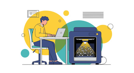 Illustration of a man using a laptop beside a 3D printer for prototyping innovation