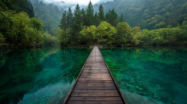 Wooden bridge on a turquoise lake and surrounding mountains and forest