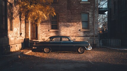 vintage car sits quietly beside aged brick building, illuminated by warm evening sunlight. Golden leaves from nearby tree enhance nostalgic ambiance of scene