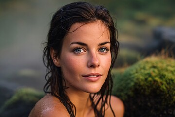 Close-up of a woman with wet hair and striking blue eyes in nature