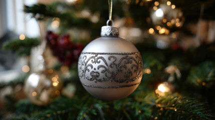 Luxurious silver Christmas bauble with glittering filigree band design, illuminated by golden tree lights for a classic festive ambiance