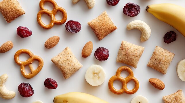 top view various snacks artistically displayed on light surface. assortment includes pretzels, dried fruits, nuts and fresh bananas, creating lively and healthy snack scene