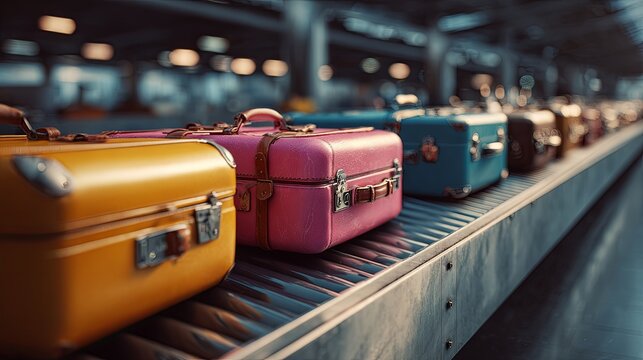 Luggage and suitcases move smoothly along the conveyor belt at a busy airport, symbolizing travel, adventure, and the excitement of new destinations as passengers prepare for their journeys