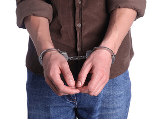 Man in handcuffs on white background, closeup