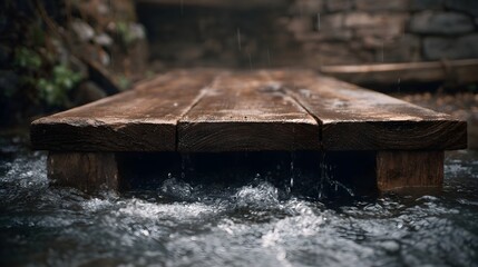 A rustic wooden walkway crosses a flowing stream with visible raindrops