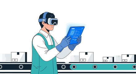 Illustration of a worker wearing VR glasses operating a digital interface for package tracking