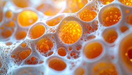 Porous organic structure with orange cells, intricate and detailed texture, scientific abstract background