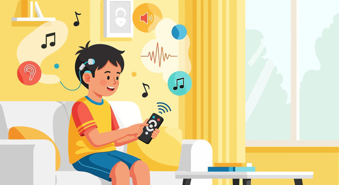 Illustration of a young boy with a cochlear implant using a remote control in his home environment