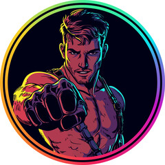 Strict gay master shows fist in glove. Round sm print with guy in straps on bare torso (transparent png)