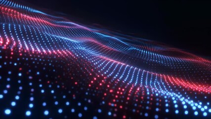 An abstract visualization of a digital wave composed of glowing blue and red dots against a dark background. - Powered by Adobe