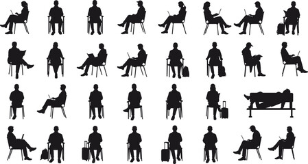 Silhouette people sitting on chairs, working on laptops, waiting with luggage, business and travel concept, black vector illustration isolated background