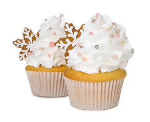 Tasty cupcakes with Christmas decor isolated on white
