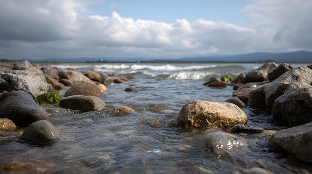 Gentle waves wash over smooth wet stones on a rocky shore with a vast cloudy sky stretching towards the horizon - Powered by Adobe