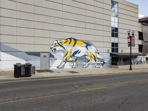 Gnash, the Nashville Predators&rsquo; saber-tooth tiger mascot painted on the side of a building in Nashville, Tennessee
