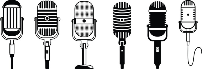 Vintage retro microphone collection, classic music mic set, audio recording equipment illustration, black and white vector design isolated on white