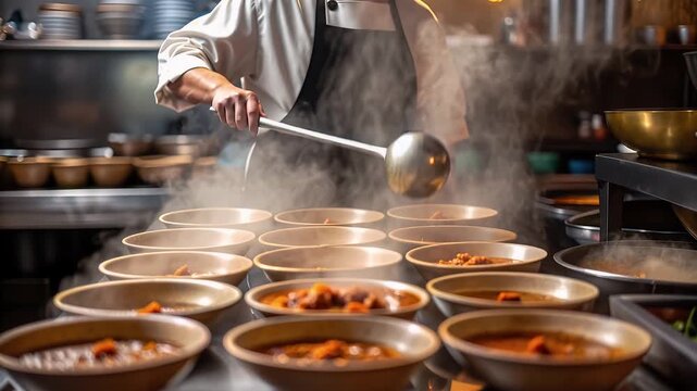 Chef ladle soup busy kitchen with steam rising, hearty menudo broth and spicy stew poured into bowl restaurant counter, rustic comfort food vibes