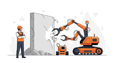Illustrative concept depicting a robotic demolition machine and a construction worker overseeing
