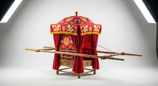 Red-draped wedding palanquin with ornate roof detail and bamboo carrying poles