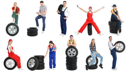 Tire service workers and wheels isolated on white, collage