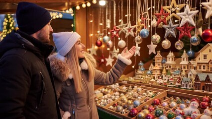 Smiling couple in warm winter clothes browses a glowing night market stall filled with festive Christmas decorations, bathed in golden holiday lights. - Powered by Adobe