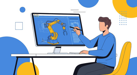 Illustrative robotic arm design process on computer screen with professional engineer