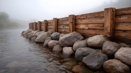 Fototapeta premium A wooden retaining wall and rocks line a misty riverbank under a foggy sky