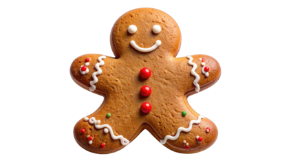 A festive gingerbread man cookie decorated for Christmas holidays.