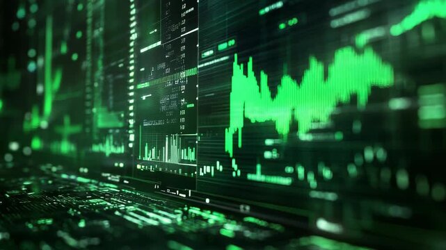 Digital financial trading analysis with glowing green data