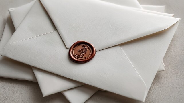 closeup collection of white envelopes, each adorned with a wax seal, arranged neatly on soft surface. elegant stationery invites thoughts of personal letters and heartfelt communication