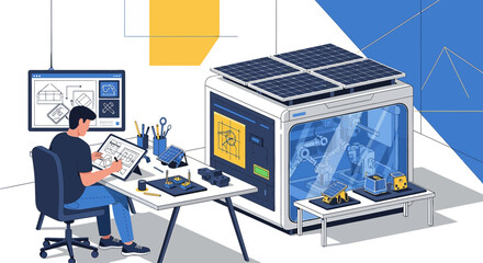 Innovation hub designer working on sustainable energy solutions with 3D printer and tablet