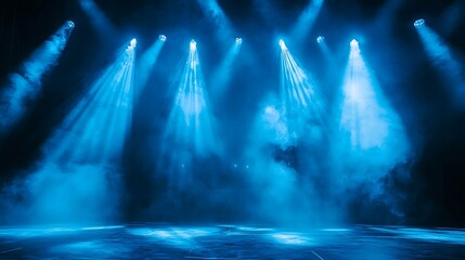 Concert scene with blue spotlights and smoke high resolution picture