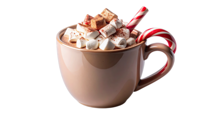 Delicious Hot Chocolate Drink Topped With Marshmallows And Candy Cane.