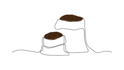 Two bags of coffee beans drawn with one solid black line on a white background in doodle style, line art