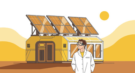 Innovative sustainable living: Futuristic home with solar panels in desert landscape