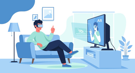Man experiencing virtual reality through headset and augmented reality on television screen